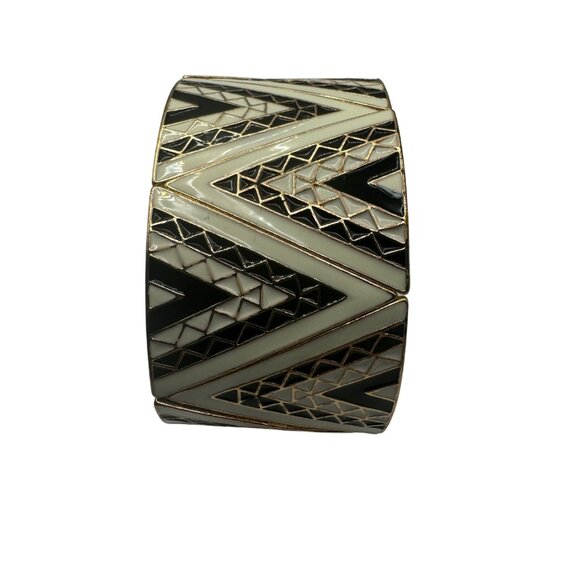 Vintage Gold & Enamel Chevron Pattern Cuff Bracelet Retro Art Deco-Inspired - Picture 5 of 6